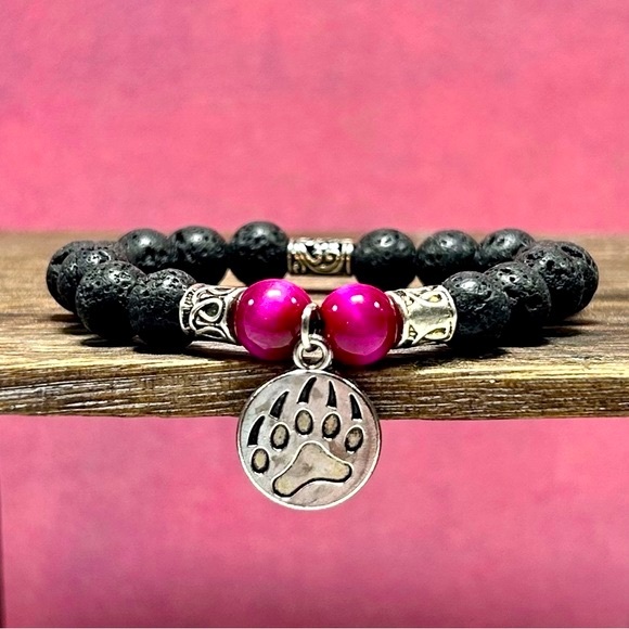 Handmade Bear Paw Charm Bracelet with Lava Rock & Pink Tiger’s Eye Stones! - Picture 1 of 5